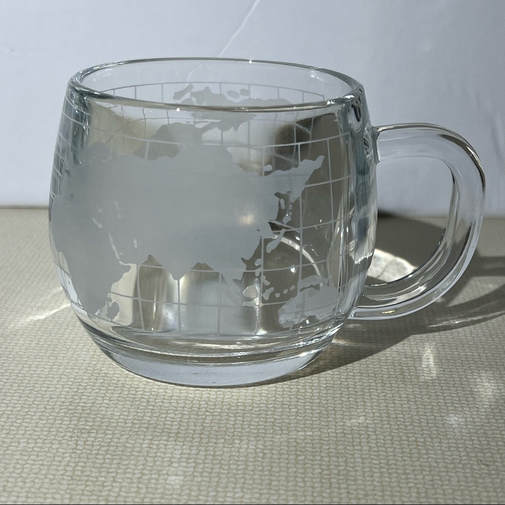 Vintage Nestle Co Etched World Map Coffee Cup Mug Etched Glass 6 oz